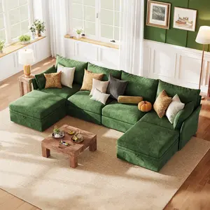 ABCASA Luxury Modular Sectional Cloud Sofa, L-Shaped & U-Shaped Oversized Couch with Storage Ottoman Deep Seat & Reversible Chaise Lounge Chenille Green for Compact Spaces, Apartments, Dorm