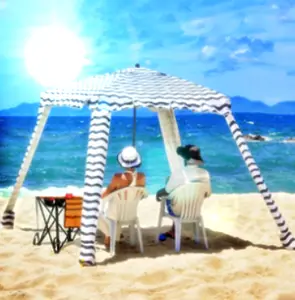 Beach Cabana with Foldable Camping Table - UPF 100+ UV Protection Beach Tent Easy to Set Up 6 x 6 Canopy with Attachable Wall Waterproof Fabric Portable Shelter for Family & Friends Black Wave