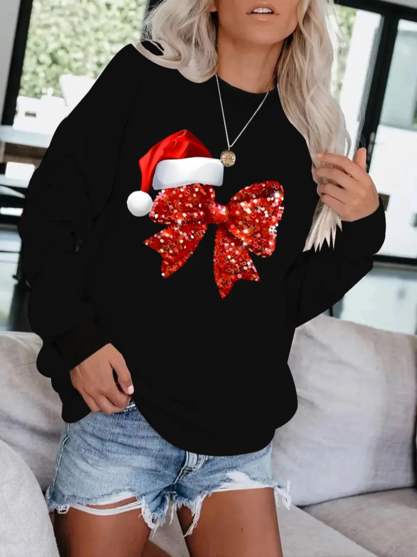 Women's Christmas Theme Knitted Sweatshirt with Sequin Bow Print, Casual Polyester Fitted Pullover, Round Neck, Long Sleeve, Holiday Design, Fall Series, Knitwear, Womenswear, Fashion