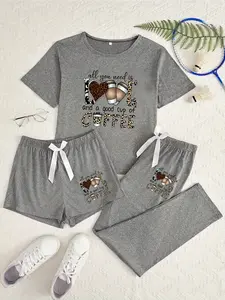 Coffee Three-Piece Home Wear Set, Cartoon Pattern, Casual Loose-Fitting, All Seasons, Comfortable Lounge for Adults