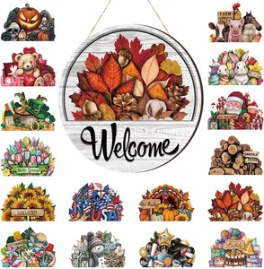 17 count 12 Inch  Welcome Door Sign Interchangeable Front Door Decor Rustic Fall Seasonal Hanging Sign Patriotic Halloween Decor for  Warming (Classic Color,Welcome)