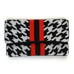 Houndstooth With Red Stripes Beaded Clutch Purse