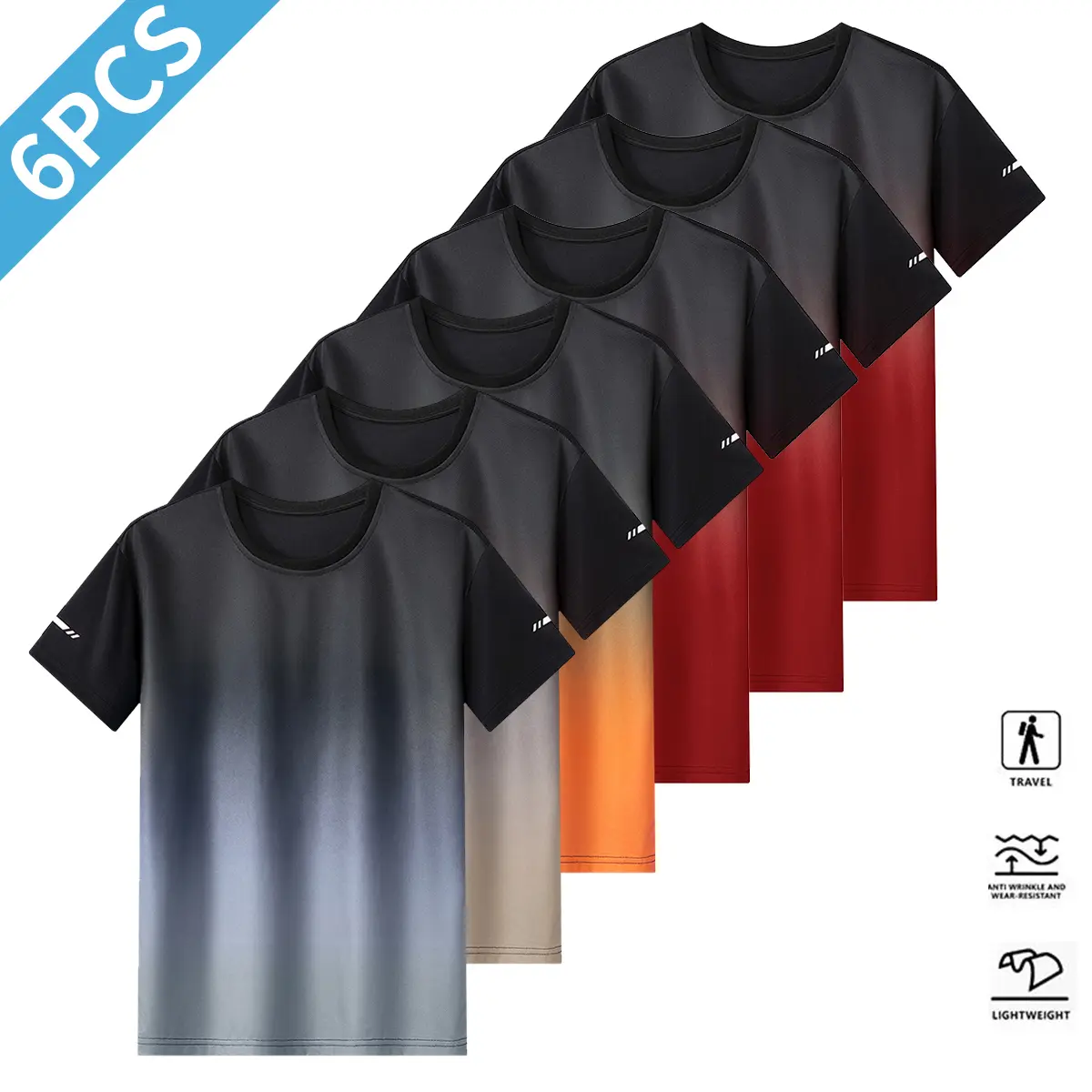 Men’s 6-Piece Fitness Crew Neck T-Shirt Set – Stylish gradient design suitable for everyday wear, casual outings, perfect for gym workouts, running, and outdoor activities Men’s 6-Piece Fitness Crew Neck T-Shirt Set – Stylish gradient design suitable for everyday wear, casual outings, perfect for gym workouts, running, and outdoor activities