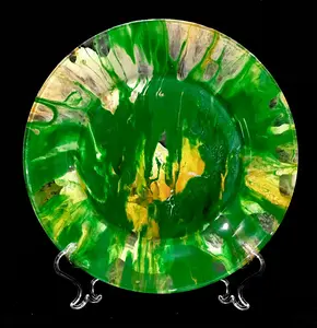 Painted Glass Plates by Irfan Murtaza / Green/Gold/Yellow/Orange / 10.5" / Decorative Art Collection