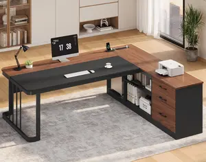 71" Executive Desk, L Shaped Computer Desk with Power Outlets, File Cabinet, Corner Large Office Desk with 3 Drawers & Storage Shelves, Business Furniture Desk, Walnut