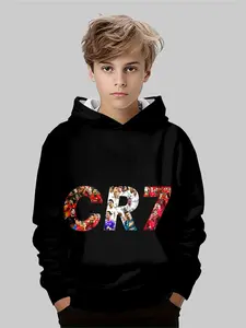 Boys Spring & Fall Cr7 Element Graphic Print Hoodie, Star Player Style, Soft Fabric, Warm and Comfortable, Perfect for School and Outdoor Sports