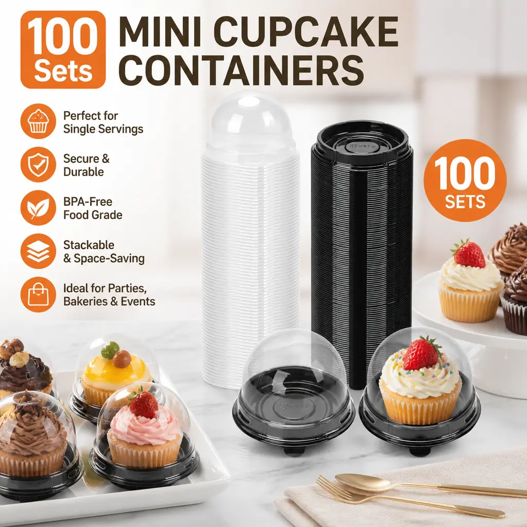 100pcs 2.8”x2” Mini Black Bakeware Cupcake Containers with Lids, Sturdy Reusable Kitchen Utensils for Home Baking, Desserts, Wedding Favors