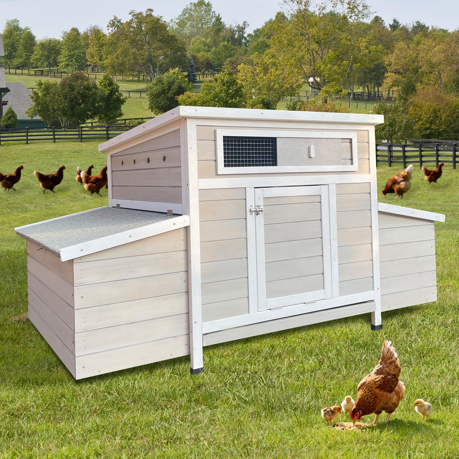 Eyisean 58" Wooden Large Outdoor Chicken Coop, Portable Hen House with Waterproof Foot & Pull-Out Tray, Dual-Sided Ventilation Holes, Poultry Cage with 2 Sides Nesting Boxes, Easy-Clean for Backyard