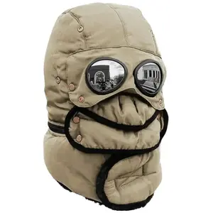 Thermal Winter Trapper Hat with Glasses Winter Cycling Windproof Ski Mask Cap Beige Polyester One Size Fits Most