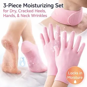 3 Piece Moisturizing Glove and Sock Set – Silicone Neck Mask for Wrinkles, Gel Spa Socks for Dry Cracked Heels, Hand Softening Gloves