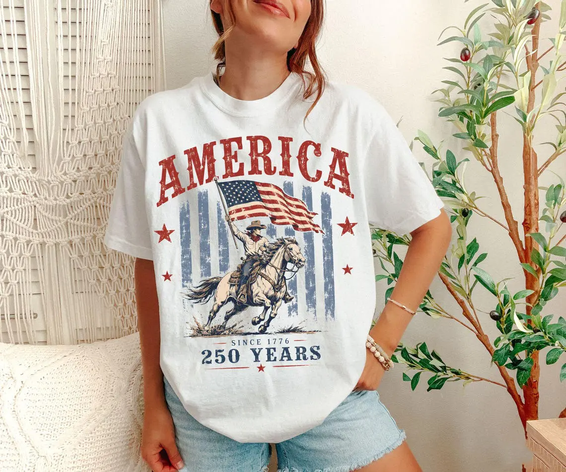 Western USA Shirt America 250th Anniversary Gift 250 Years, Cowboy US Flag Tshirt, Graphic Tee Top Womenswear