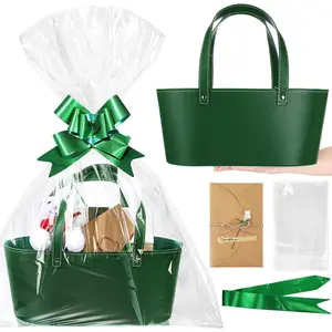 Empty Gifts Baskets with Mother's Day Leather  Bags Ribbons Greeting Cards Empty Baskets with Handles for Mother's Day Lover Birthday Shower Favor Wrapping (Green,Large)