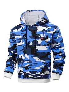 Men's Blue Camo Print Hoodie, Pullover Sporty Sweatshirt, Camouflage Sweatshirts, Kangaroo Pocket Casual Streetwear Top, Fashionable and Comfortable, Athletic Activewear