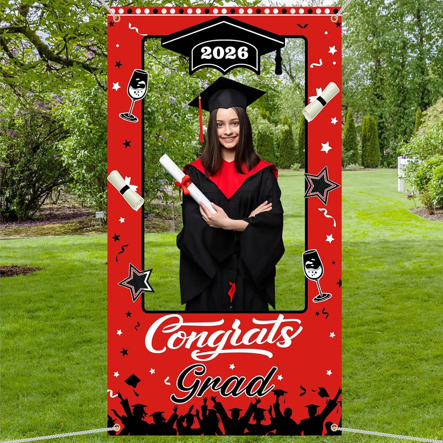 2026 graduation photo prop, Graduation party supplies, red and black graduation photo frame banner, made of polyester material, suitable for home, wall decoration, holiday decoration, family gatherings, graduation season decoration, Grad Photo Props