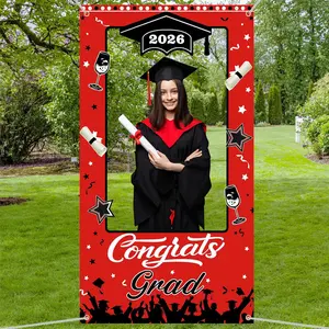 2026 graduation photo prop, Graduation party supplies, red and black graduation photo frame banner, made of polyester material, suitable for home, wall decoration, holiday decoration, family gatherings, graduation season decoration