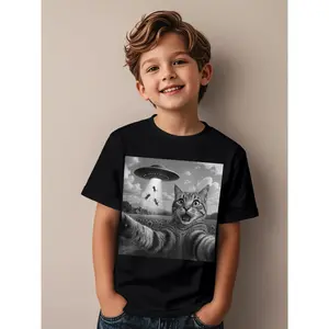 Alien Cat Selfie UFO Gifts Funny Cat Novelty Awesome Graphic Kid T-Shirt Cute Kid T Shirts Streetwear Tops Tees for Kid
