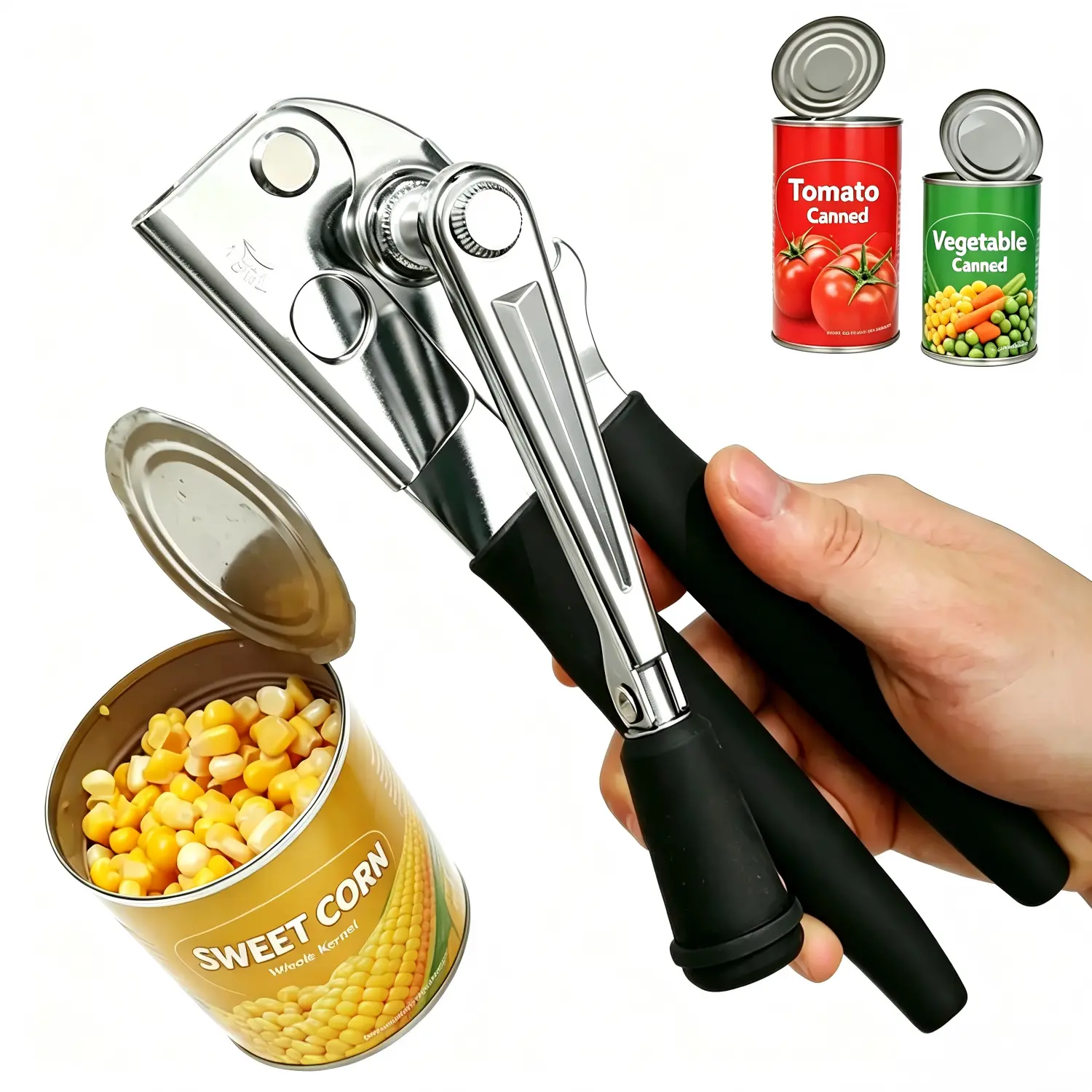 Heavy Duty Manual Crank Can Opener for Restaurant, Stainless Steel with Soft Grip Long Handle, Easy-Turn, Smooth Edge, Senior Friendly, Non-Slip, Kitchen Utensils Gadgets