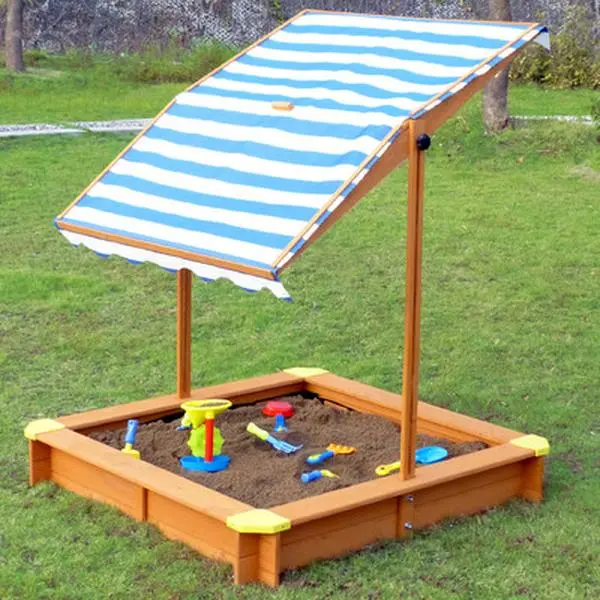 Overtime Kids' Wooden Sandbox with Adjustable Canopy Cover, 46.5" Square Kiln-Dried Hemlock for Outdoor Backyard Play