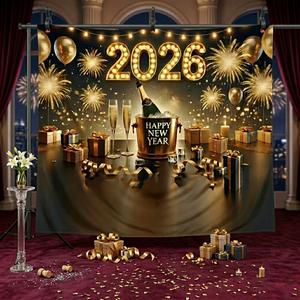 2026 New Year's Eve Numbered Balloon Banner Golden & Black Polyester Fabric 2D Flat Style Background Cloth for Party Decorations Ideal for Celebrations