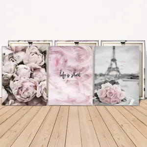 3 Counts Wooden Framed Canvas Painting, Pink Rose And Feather Art Images, Exquisite Poster, Perfect Living Room Decoration, Modern Art, Fashion Family Poster, Wall Art Decoration, Bathroom Wall Art, Waterproof Art