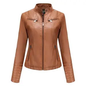 Women's slim fit leather jacket, stand up collar, zipper stitching, monochrome jacket, fashionable clothing, new style