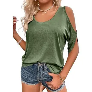 Women Cold Shoulder Top Summer Scoop Neck Short Sleeve Casual Loose Fit Tunic Shirt