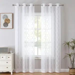 White Sheer Curtains 84 inch Geometric Embroidered Light Filtering Window Panels for Living Room Bedroom Modern Moroccan Trellis Window  Set Tulle Sheer Drapes Grommet Top W38"xL84"x2