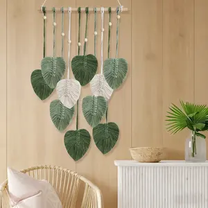 Macrame Woven Leaf Wall Hanging Boho Green Leaves Tapestry Handmade Art Chic Home Decor for Bedroom Living Room
