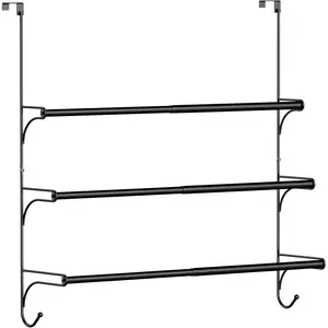 Adjustable Over The Door Triple Towel Rack with Hooks,Black