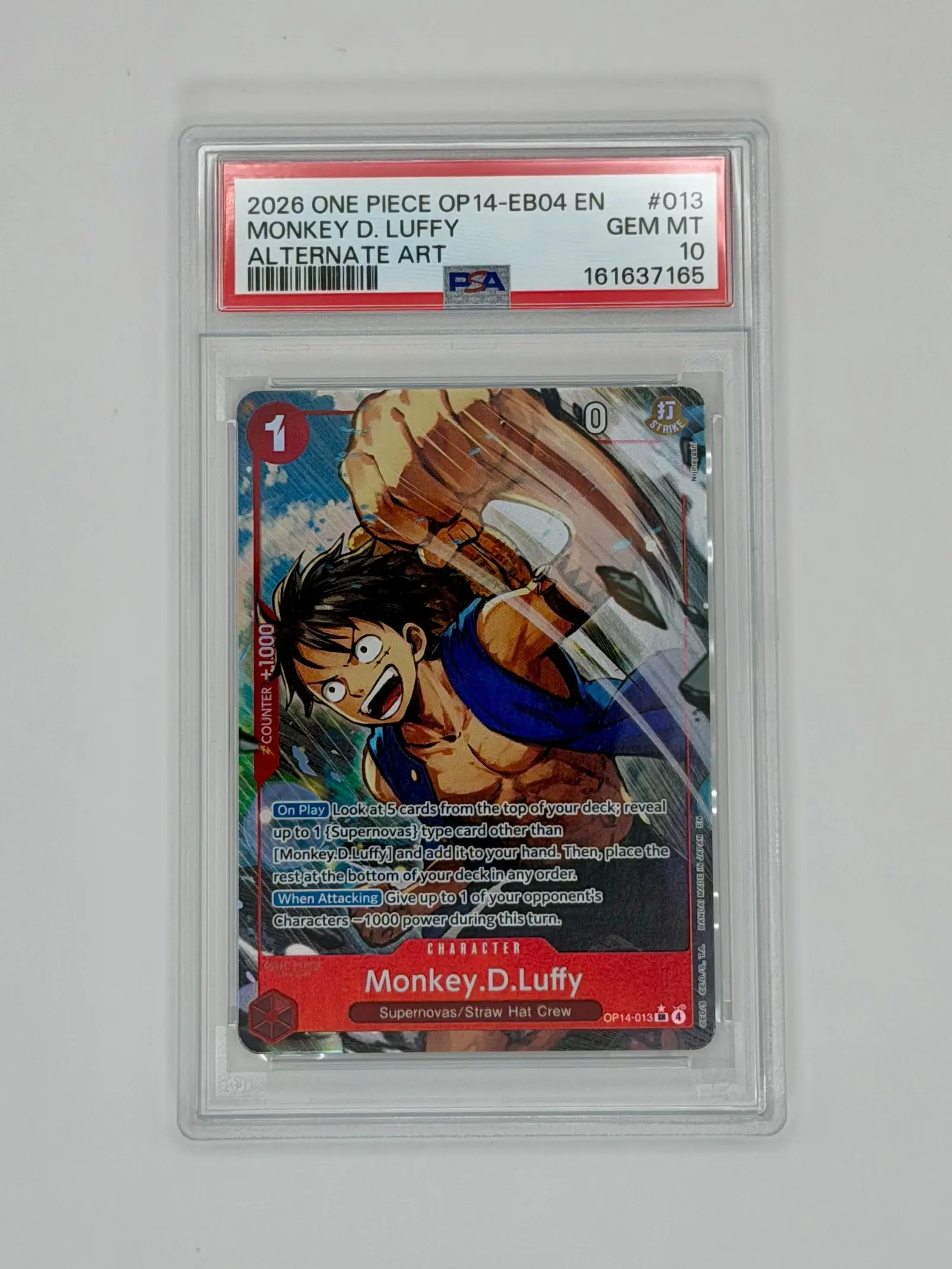 2026 ONE PIECE OP14 THE AZURE SEA'S SEVEN #013 MONKEY D. LUFFY ALTERNATE ART PSA 10