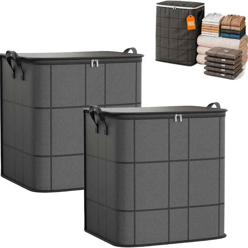 180L Dustproof Foldable Storage Bags with Zippers, Reinforced Handles & Closet Organizer Containers for Clothing, Blankets, Toys, With Handle