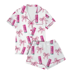 Coquette Energy Drink Satin Pajama Set, Cute Beverage Theme Sleepwear, Short Sleeve Button Top, Elastic Waist Shorts, Soft Lounge Outfit