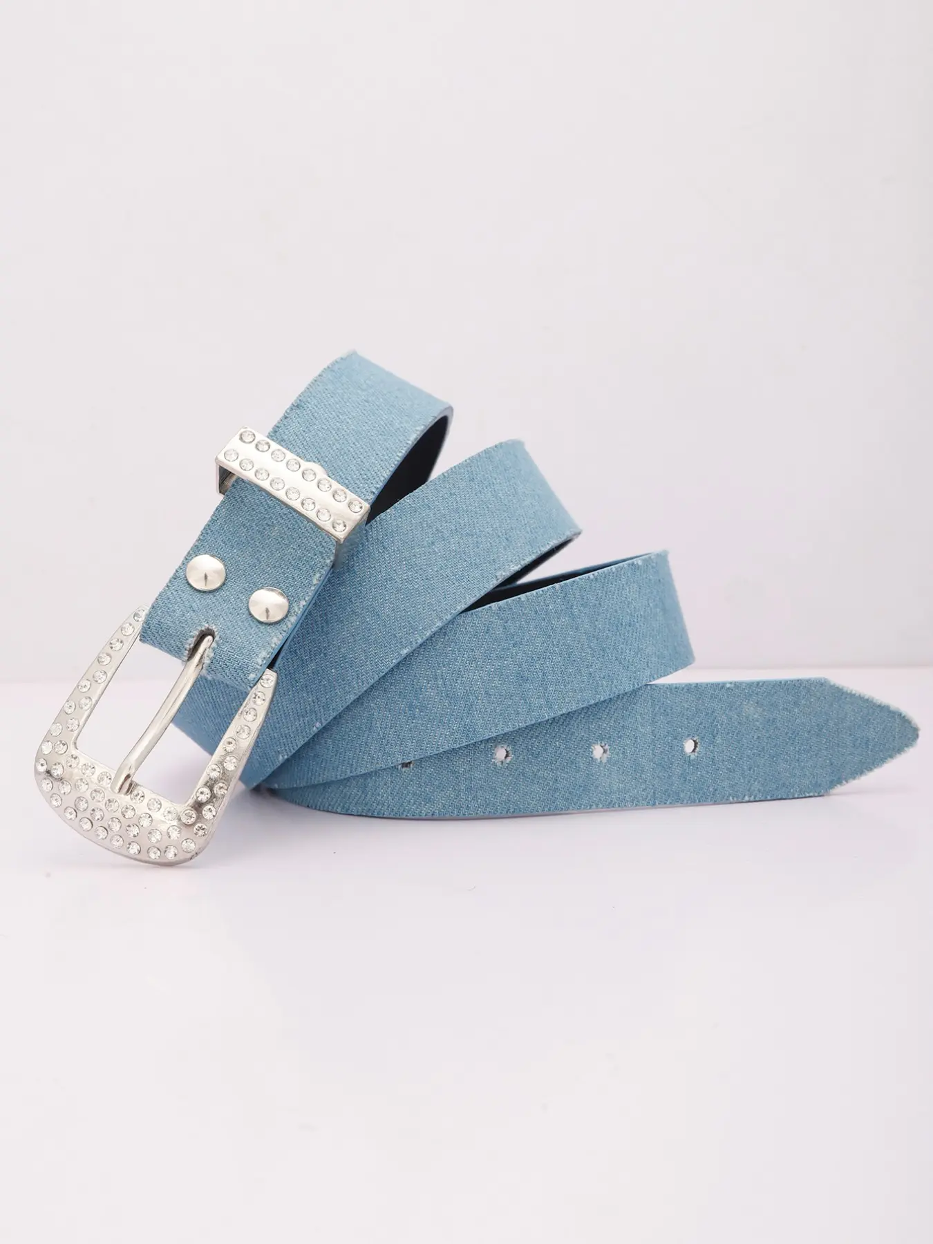 1pc Unisex Blue Denim Belt with Rhinestone Alloy Buckle, Casual Plain Design, Perfect for Daily Wear, Ideal Gift for Girlfriend