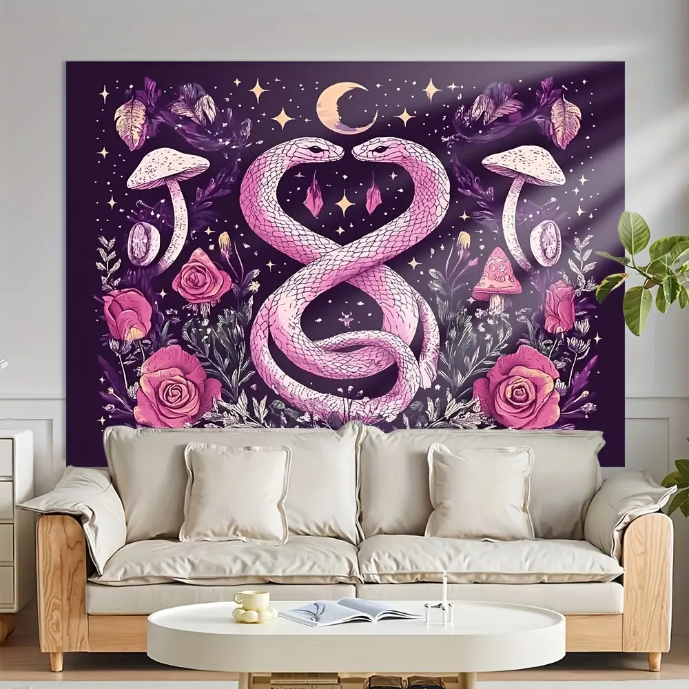 1pc Whimsical Snake & Rose Wall Decor Tapestry - Vibrant Purple Polyester Cloth with Pink Roses & Mushrooms, 1-Piece Electricity-Free Whimsical Home Decor for Holiday Party & Room Entryway Home Supplies