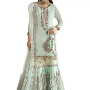 Indian Pakistani kora dhabka work on chiffon with emb gharara 3 piece semi formal dress for women