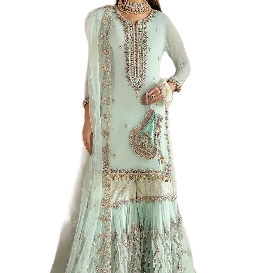 Indian Pakistani kora dhabka work on chiffon with emb gharara 3 piece semi formal dress for women