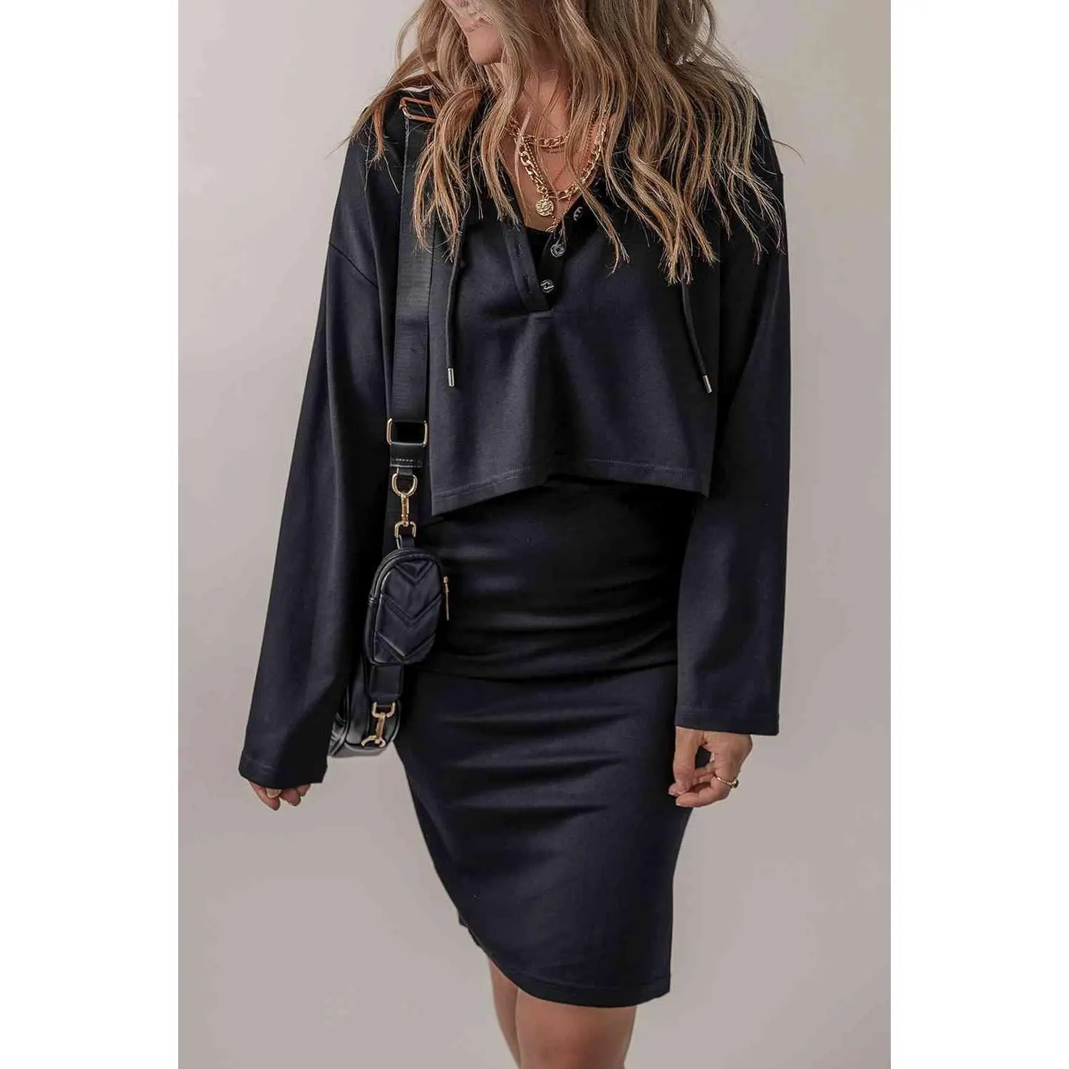 Long Sleeve Buttoned Hoodie and Dress Set
