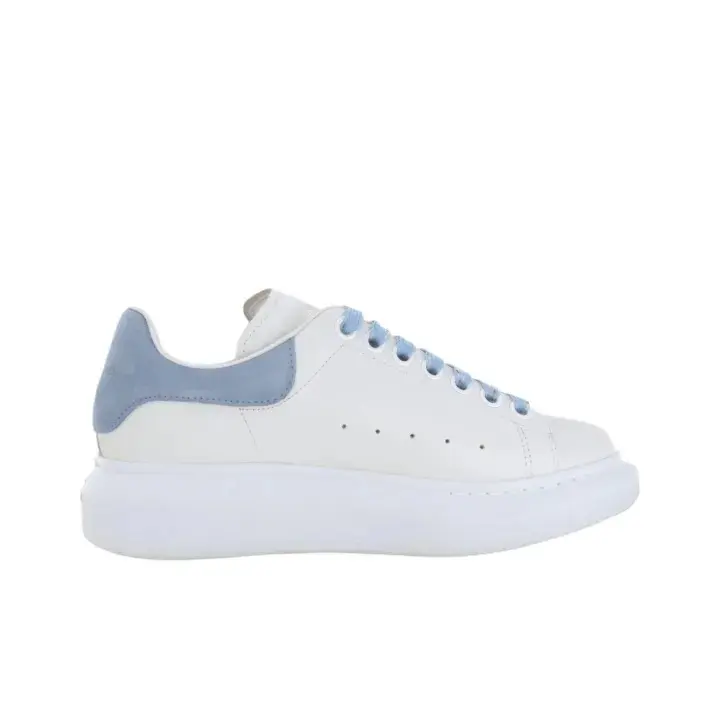 Haze Blue Suede Tab Pure White Platform Sneakers, Matching Light Blue Laces Fresh Minimalist Lace-up Elevated Shoes