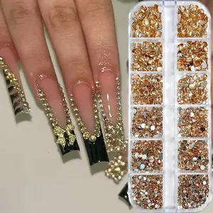 1 Box MultiSized Semi-circular Rhinestones Nail Charms Sparkling Champagne Color Flat Bottomed Resin Diamond Nails for Women DIY Pen Headphones Shoes Nail Art Bling Rhinestone Decoration