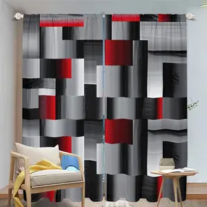 2Pcs Abstract Geometric Curtains, Modern Black Red Grey Block Window Drapes, Light Filtering Panels for Living Room Bedroom Home Decoration Translucent tube bag design