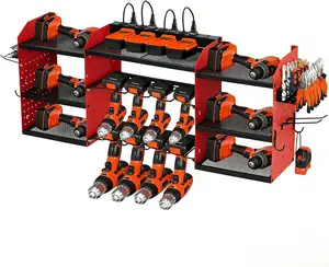 3 Layers Power Tool Organizer Wall Mount, Heavy Duty Metal Power Tool Organizers with Charging Station, Built in 8 Outlets & 4 Drill Storage for Workshop, Depot, Toolroom