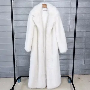 Women’s Long Faux Fur Coat for Autumn/Winter — White Oversized Jacket with Turn-Down Collar and Pockets, Thick and Warm Maxi Coat