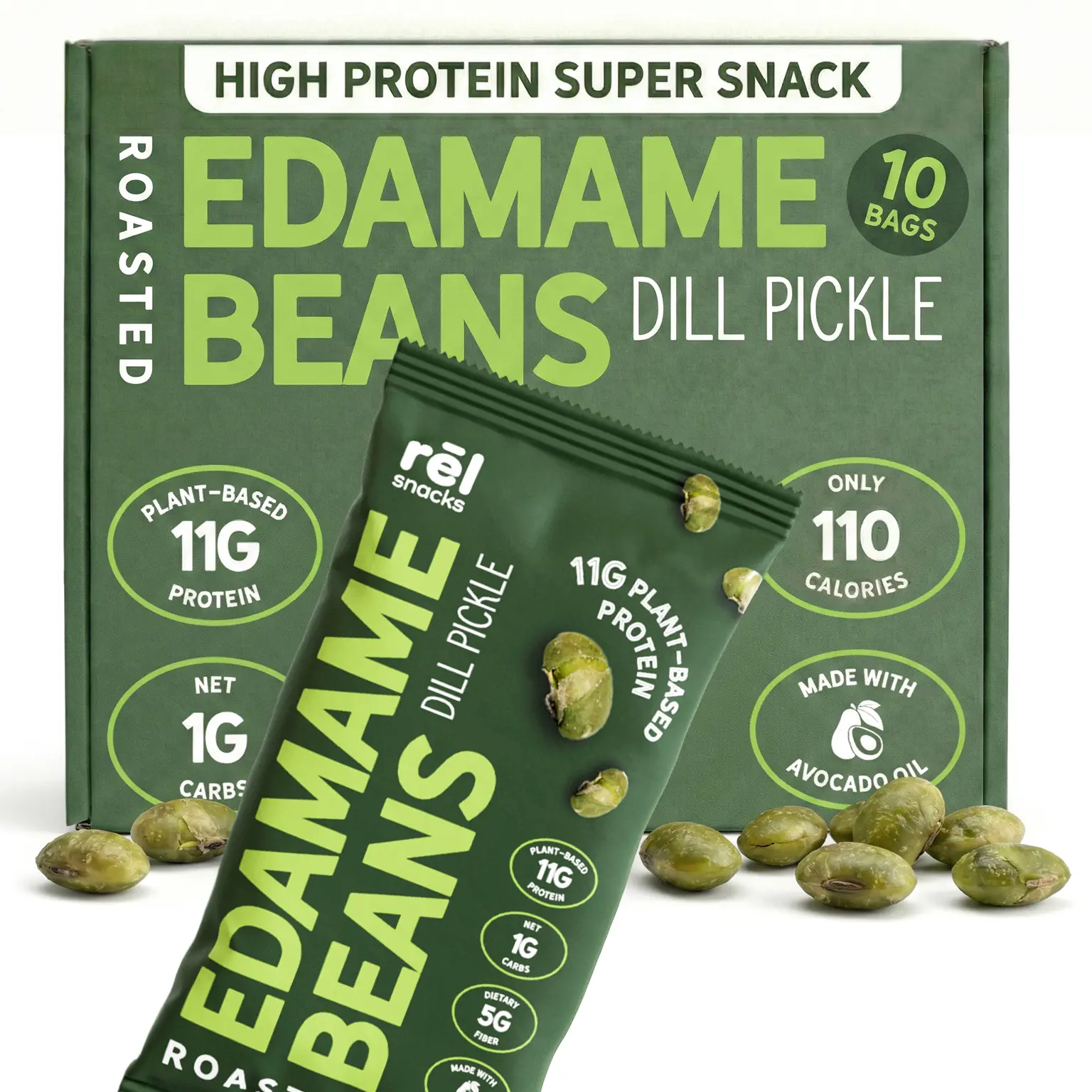 Rel Snacks Dill Pickle Crunchy Roasted Edamame Beans 0.9OZ 10 Pack Protein Fiber High Protein Low Carb Keto Friendly Snack