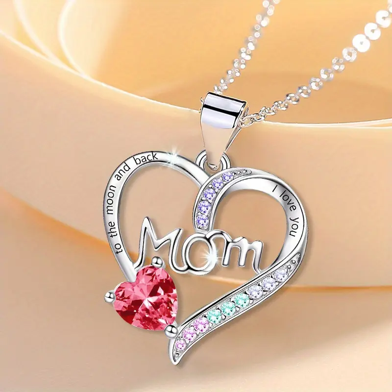 "I Love You Mom" Heart Pendant Necklace with Acrylic Accents, Alloy Chain, White K-Plated, Fashionable Jewelry Gift for Women Over 15 - Eternal Sparkle Collection