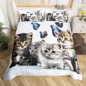 Cute Cat Comforter Cover,Kawaii Kitten Blue Butterflies Decor Duvet Cover,Lovely Animal Pattern Bedspread Quilt Cover,No Comforter,No Comforter
