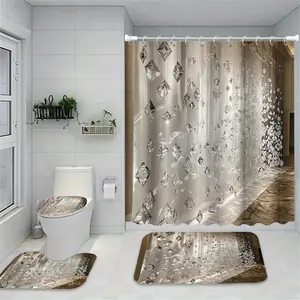 Rhinestone Pattern Bathroom Decorations, 2 Counts Shower Curtain Or 4 Counts/set Shower Curtain & Rectangle Mat & U-shaped Mat & Toilet Lid Cover, Bathroom Accessories