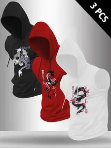 Men's 3-Piece Bear Print Sleeveless T-Shirt Set, Comfortable Casual Hooded Vest for Summer Outdoor Fitness