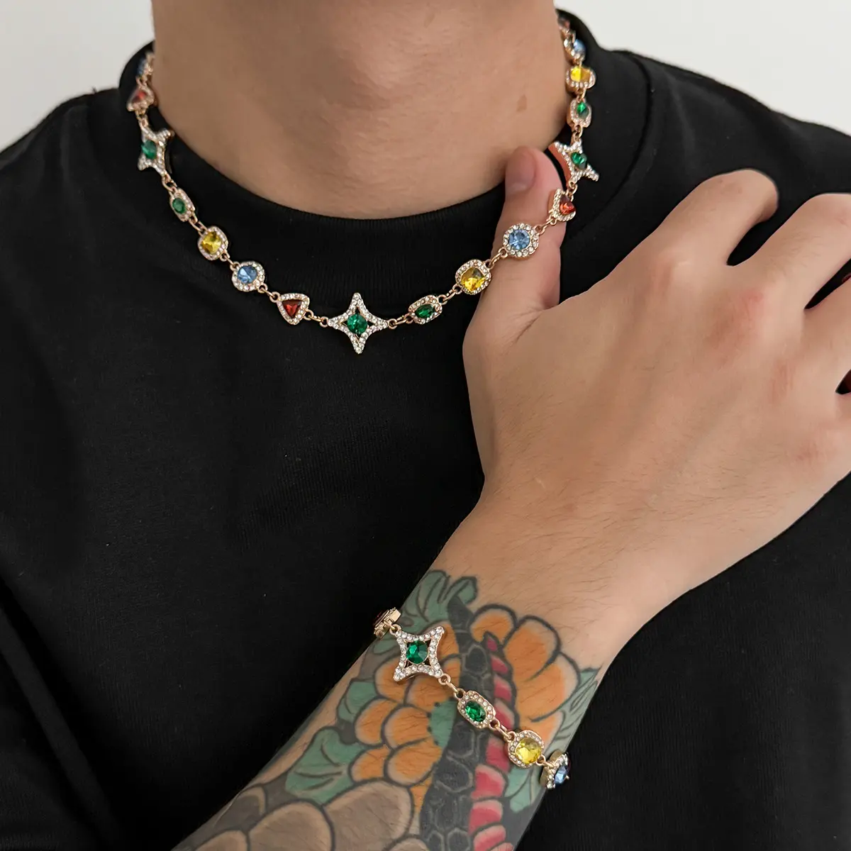 Men's Vintage 4-Star Colored Synthetic Gemstone Jewelry Set - Lightweight Fashionable Clavicle Necklace & Hip Hop Bracelet, Luxurious Shiny Fashion Accessory, Boyfriend Gift