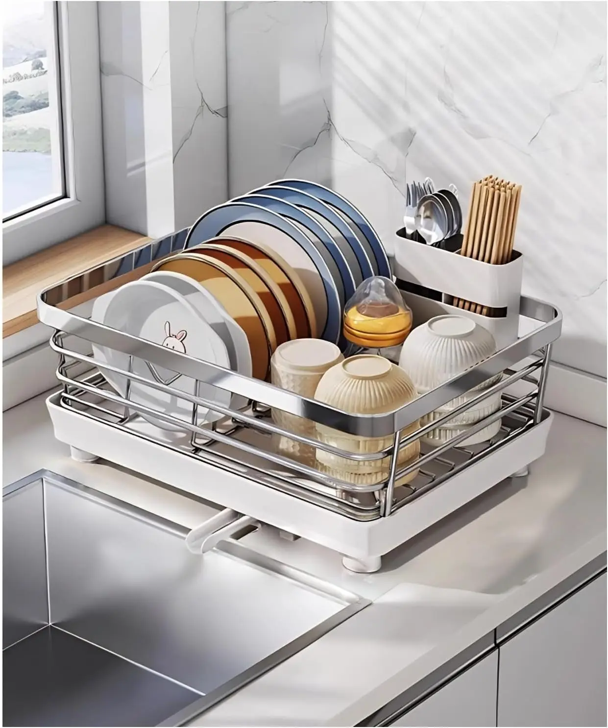 Stable Stainless Steel Kitchen Countertop Dish Drying Rack, Organiser with Sink Storage & Utensil Rack, Silver Home Organizer (12.4in W × 17.7in L) – Suitable for Family Use, Festive Gift