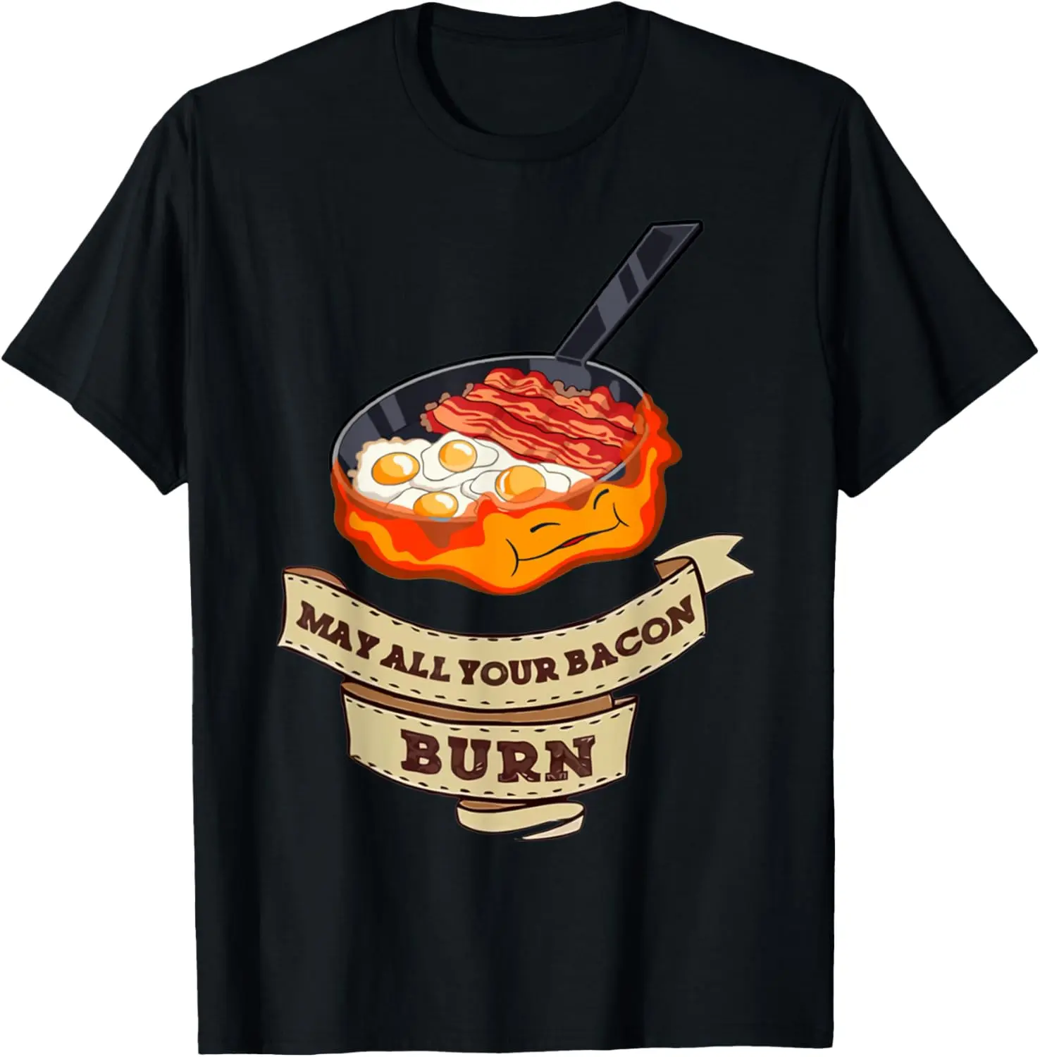 Women's Bacon-Themed Cotton Short-Sleeve T-Shirt - "May All Your Bacon Burn" Funny BBQ Top, Distressed Vintage Round Neck, Casual Streetwear, Machine Washable, Fun for All Occasions, W037263-Black, Bacon Print